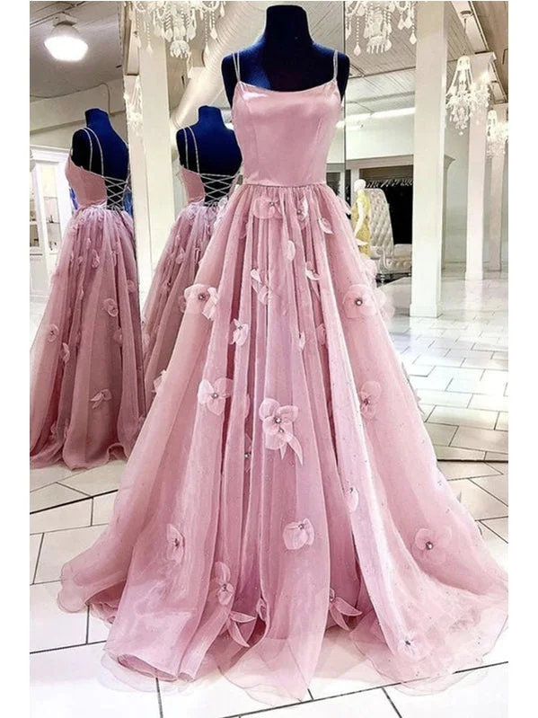 Evening dress with fitted bodice-Floral A-line Pink Spaghetti Straps Backless Cheap Long Prom Dresses,12841