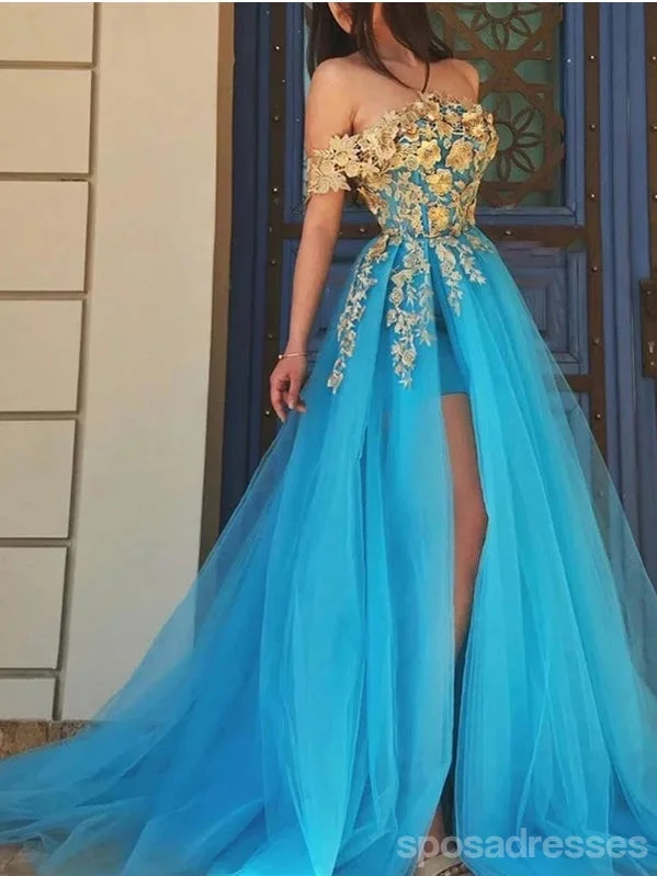 Evening dress with beaded bodice-Floral Blue A-line Off Shoulder High Slit Cheap Long Prom Dresses Online,12803