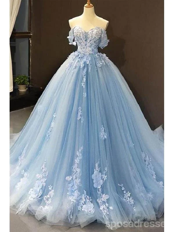 Evening dress for parties-Floral Blue A-line Off Shoulder Long Prom Dresses Online, Dance Dresses,12702