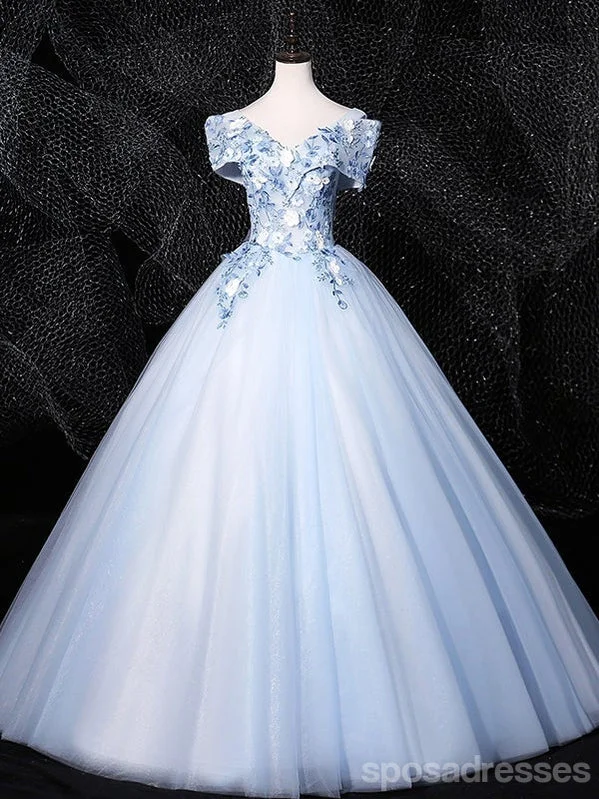 Evening dress with fishtail-Floral Blue A-line Off Shoulder Long Prom Dresses Online, Dance Dresses,12796