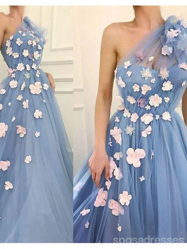 Evening dress with fringe-Floral Blue A-line One Shoulder Cheap Long Prom Dresses Online,12794