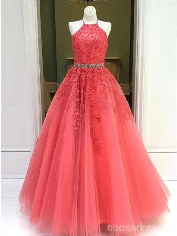 Red evening dress-Floral Watermelon Red A-line Halter Sleevelesss Long Prom Dresses Online, Dance Dresses,12589