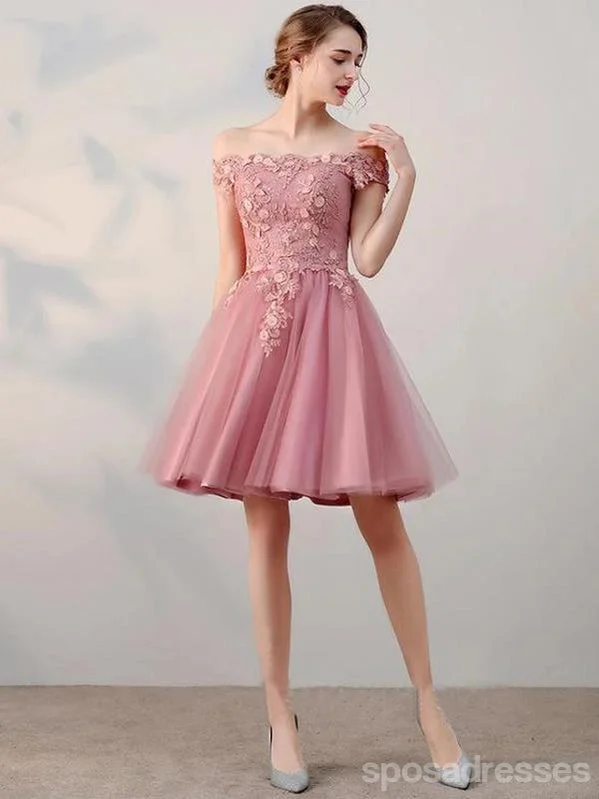 Evening dress with spaghetti straps-Floral Pink Off Shoulder Short Homecoming Dresses Online, Cheap Short Prom Dresses, CM851