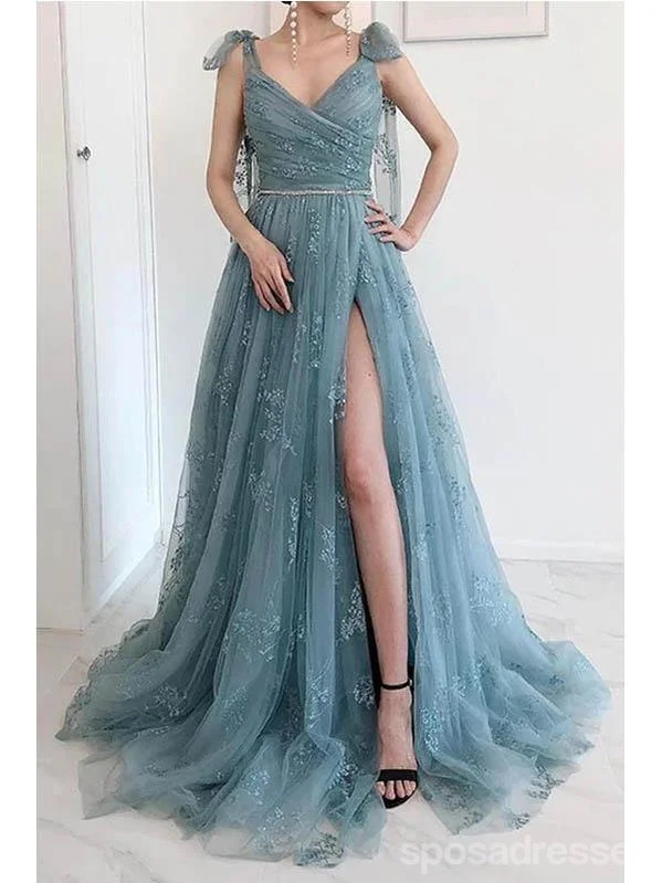 Evening dress for cocktail-Gorgeous A-line High Slit V-neck Long Prom Dresses Online,Evening Party Dresses,12704