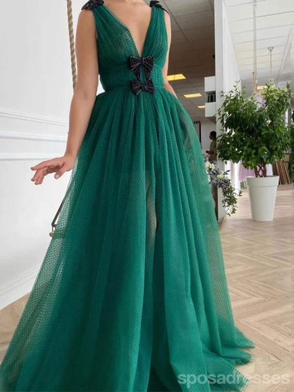 Evening dress with keyhole back-Green A-line Deep V-neck High Slit Long Prom Dresses Online,Dance Dresses,12788