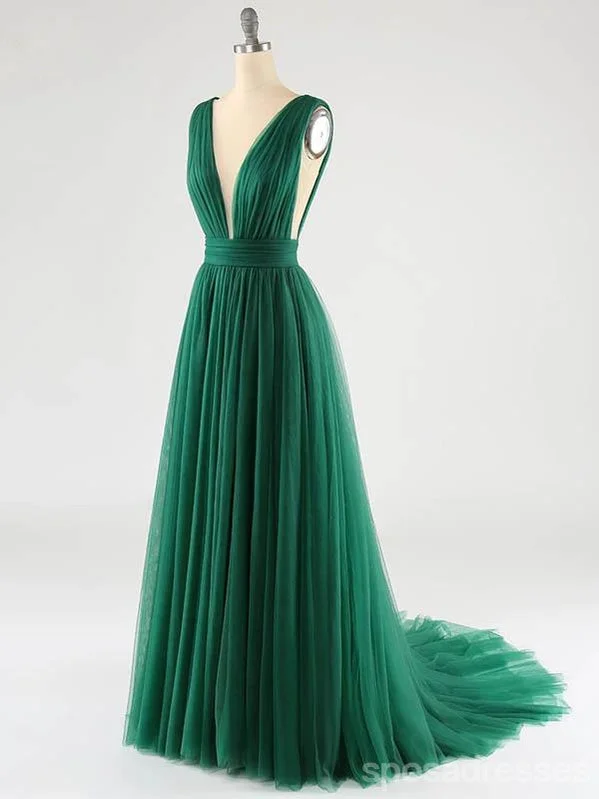 Two-piece evening dress-Green A-line Deep V-neck Open Back Cheap Long Prom Dresses Online,12713