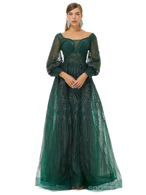 Long evening dress-Green A-line Jewel Long Sleeves Prom Dresses Online, Evening Party Dresses,12779