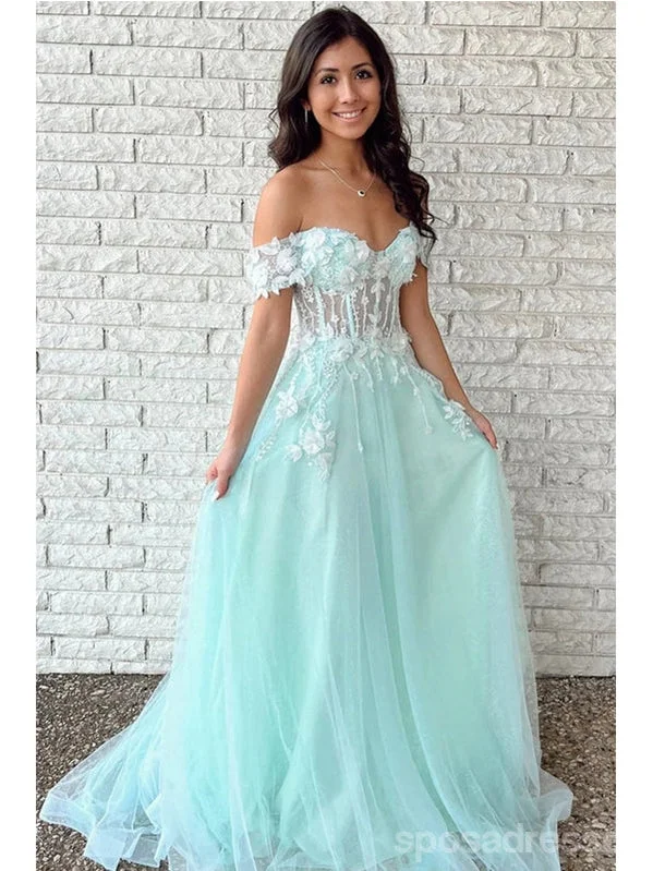 Evening dress with statement sleeves-Green A-line Off Shoulder Cheap Long Prom Dresses,Evening Party Dresses,12819