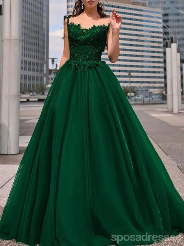 Evening dress with off-shoulder neckline-Green A-line Spaghetti Straps Long Prom Dresses Online,Dance Dresses,12613