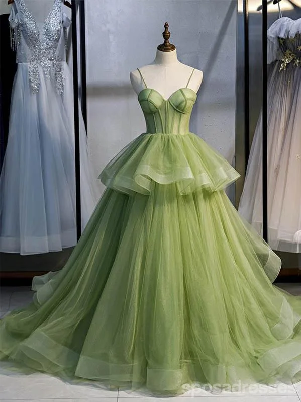 Evening dress with metallic finish-Green A-line Spaghetti Straps Long Prom Dresses Online,Dance Dresses,12670