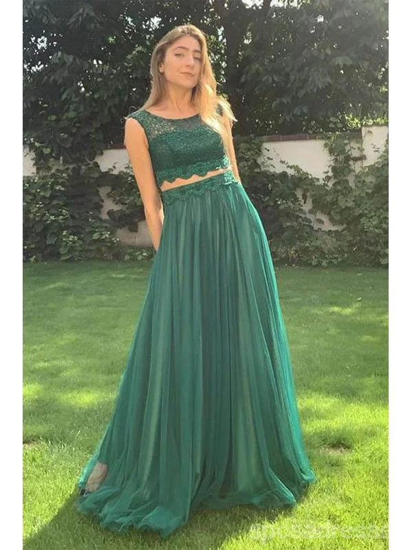 Evening dress with tiered layers-Green A-line Two Pieces Sleeveless Cheap Long Prom Dresses Online,12728