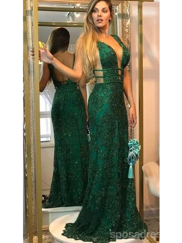 Evening dress with lace applique-Green Mermaid Deep V-neck Backless Long Prom Dresses Online,Evening Party Dresses,12787