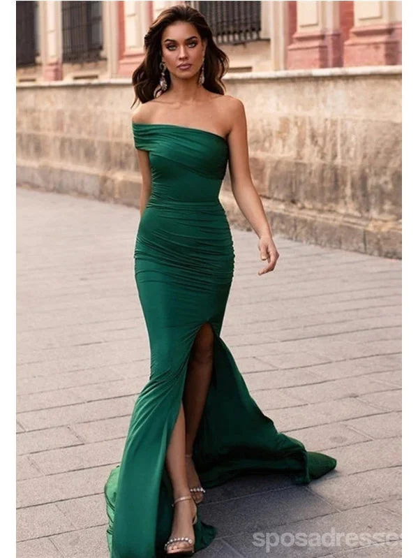 Evening dress with taffeta-Green Mermaid One Shoulder Side Slit Cheap Long Prom Dresses,12816