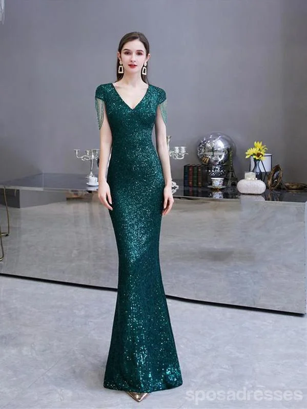 Blue evening dress-Green Mermaid Sequin V-neck Cap Sleeves Long Party Prom Dresses Online,12552