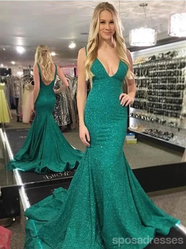 Evening dress with bow belt-Green Mermaid Spaghetti Straps V-neck Backless Long Prom Dresses Online,12695