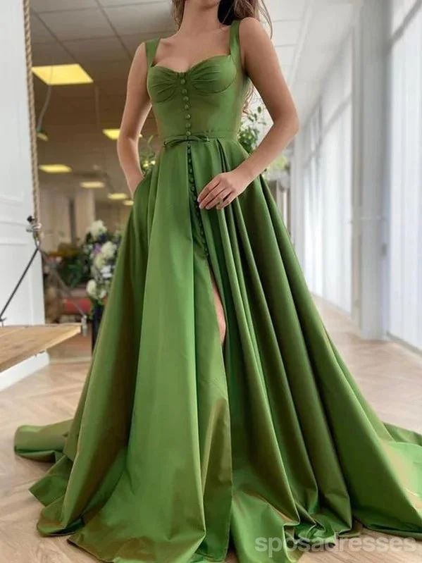 Evening dress with embellishments-Green Straps A-line High Slit Party Prom Dresses, Cheap Dance Dresses,12539