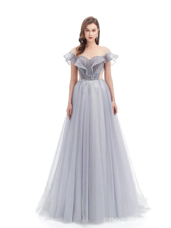 Sleeveless evening dress-Grey A-line Short Sleeves Off Shoulder Long Prom Dresses Online,12775