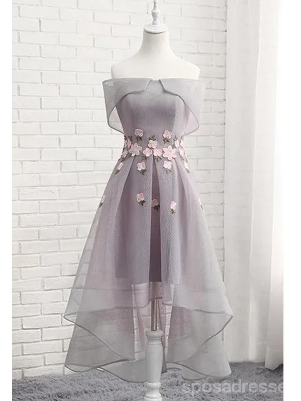 Evening dress with taffeta-Grey Off Shoulder Floral Short Homecoming Dresses Online, Cheap Short Prom Dresses, CM849