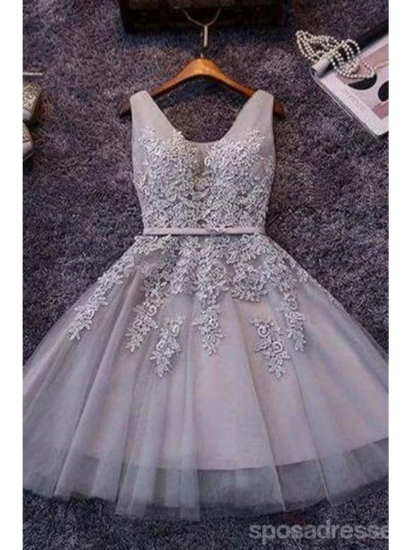 Evening dress with full skirt-Grey Sleeveless Lace Short Homecoming Dresses Online, Cheap Short Prom Dresses, CM865