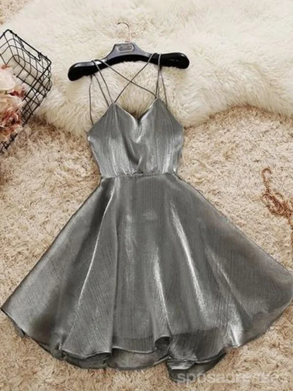 Evening dress with sheer sleeves-Grey Spaghetti Straps Short Homecoming Dresses Online, Cheap Short Prom Dresses, CM852