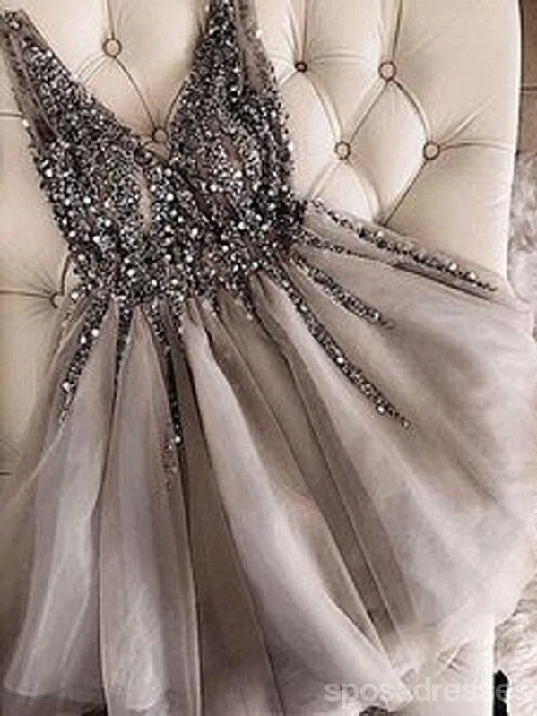 Evening dress with draped bodice-Grey V-neck Short Homecoming Dresses Online, Cheap Short Prom Dresses, CM870