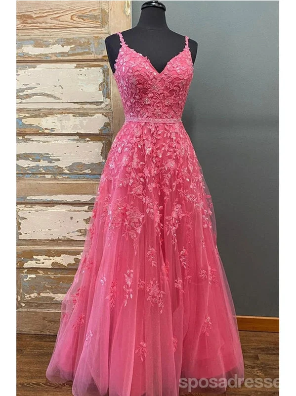 Evening dress with V-neck-Hot Pink A-line Spaghetti Straps V-neck Cheap Long Prom Dresses Online,12810