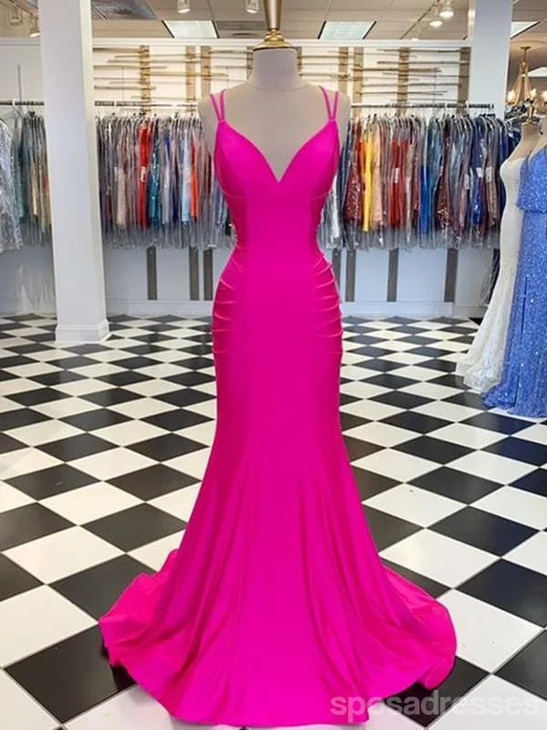 Evening dress with draped bodice-Hot Pink Mermaid Spaghetti Straps V-Neck Backless Long Prom Dresses Online,12630