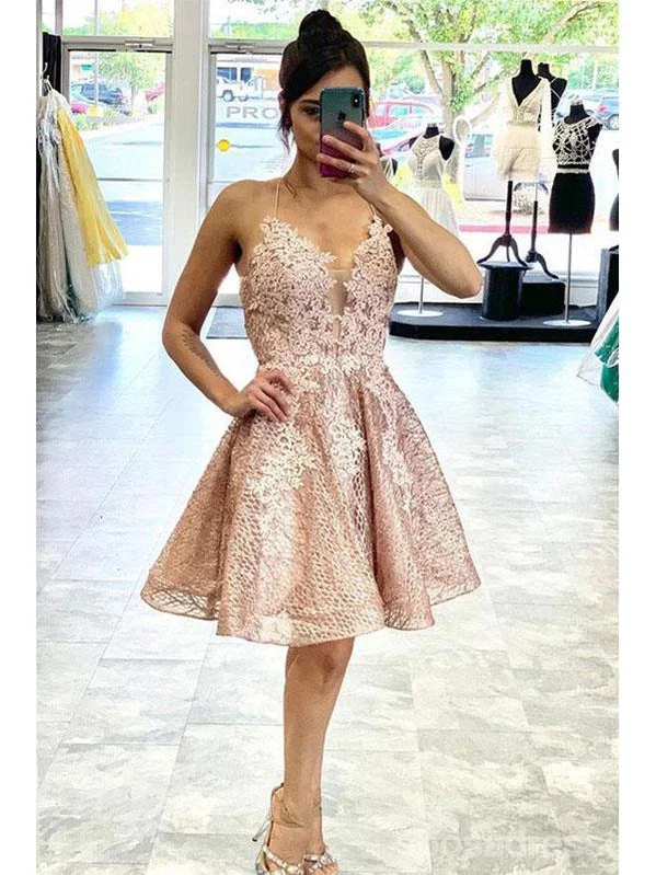 Evening dress with flared skirt-Lace Backless V-neck Short Homecoming Dresses Online, Cheap Short Prom Dresses, CM866