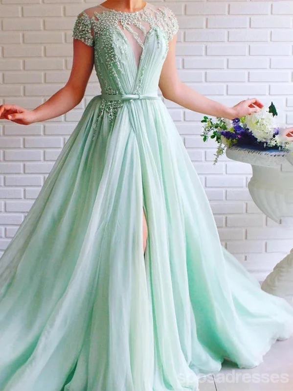 Evening dress with flared skirt-Mint Green A-line Short Sleeves Jewel High Slit Long Prom Dresses Online,12795