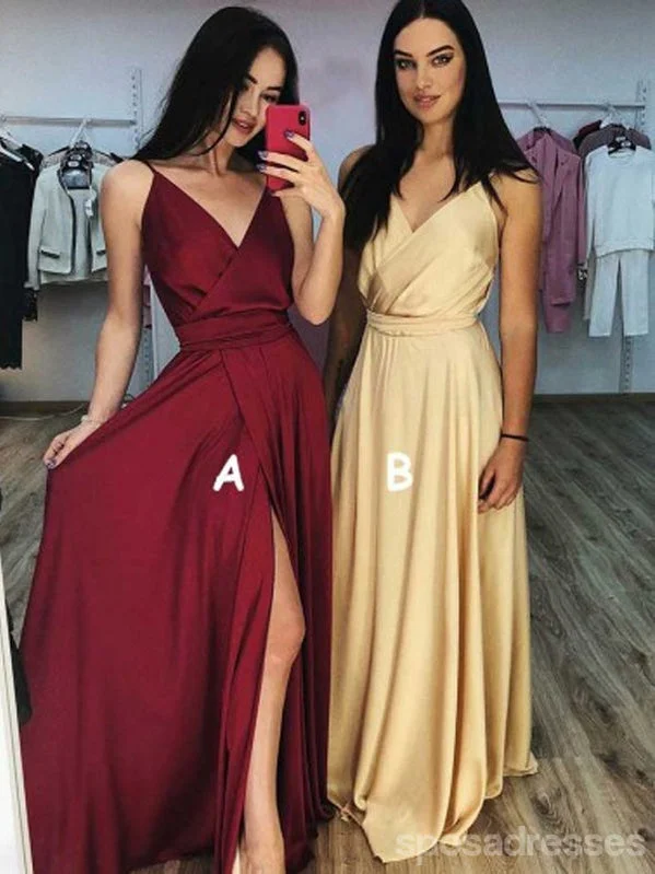 White evening dress-Mismatched A-line Spaghetti Straps V-neck Cheap Long Prom Dresses Online,12806