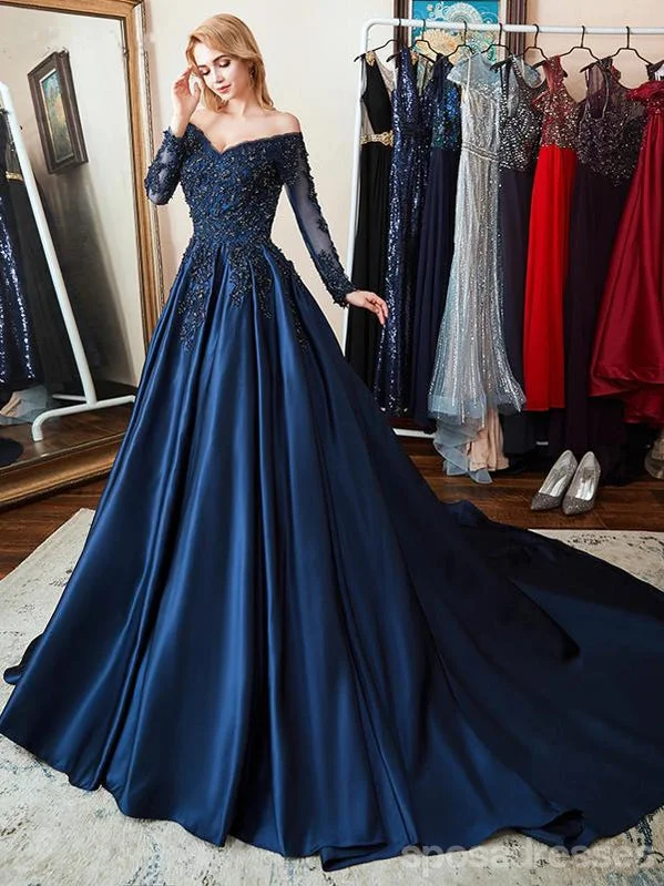 Green evening dress-A-line Long Sleeves Blue Long Party Prom Dresses Online,Dance Dresses,12558