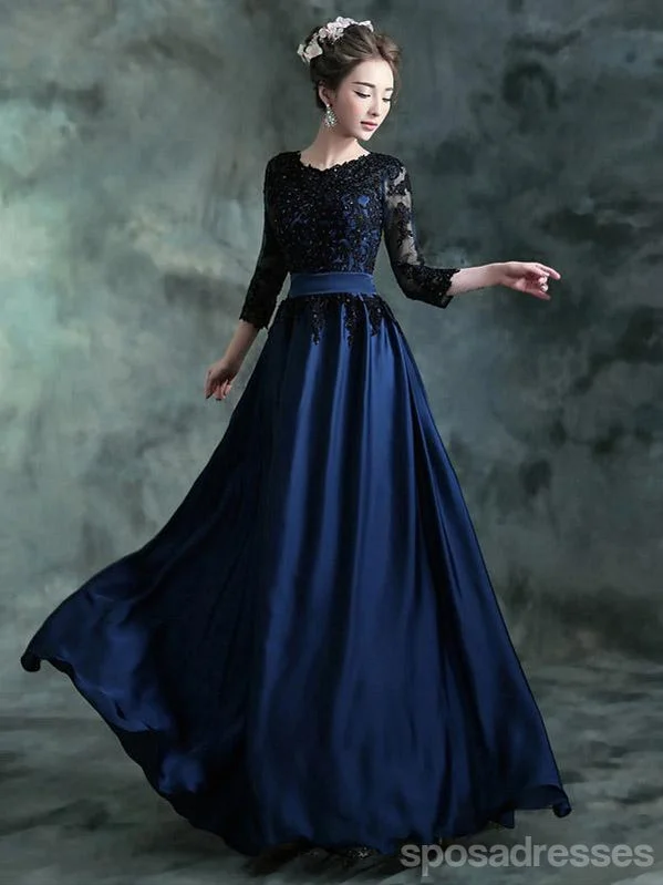 Classic evening dress-Navy Blue A-line Jewel 3/4 Sleeveless Long Prom Dresses Online,12642