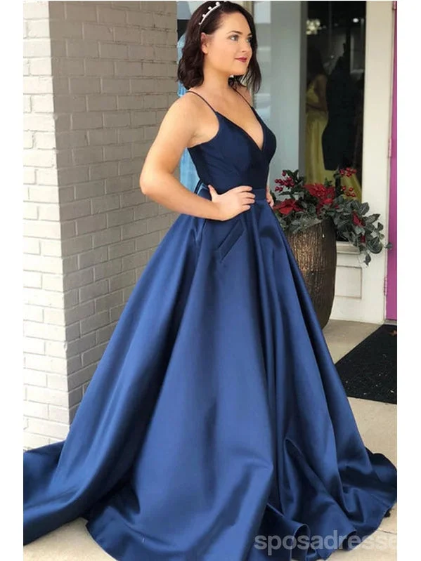 Evening dress with off-shoulder neckline-Navy Blue A-line Spaghetti Straps V-neck Cheap Long Prom Dresses,12832