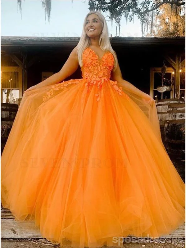 Evening dress with ruffles-Orange A-line Spaghetti Straps V-neck Long Prom Dresses Online, Dance Dresses,12607