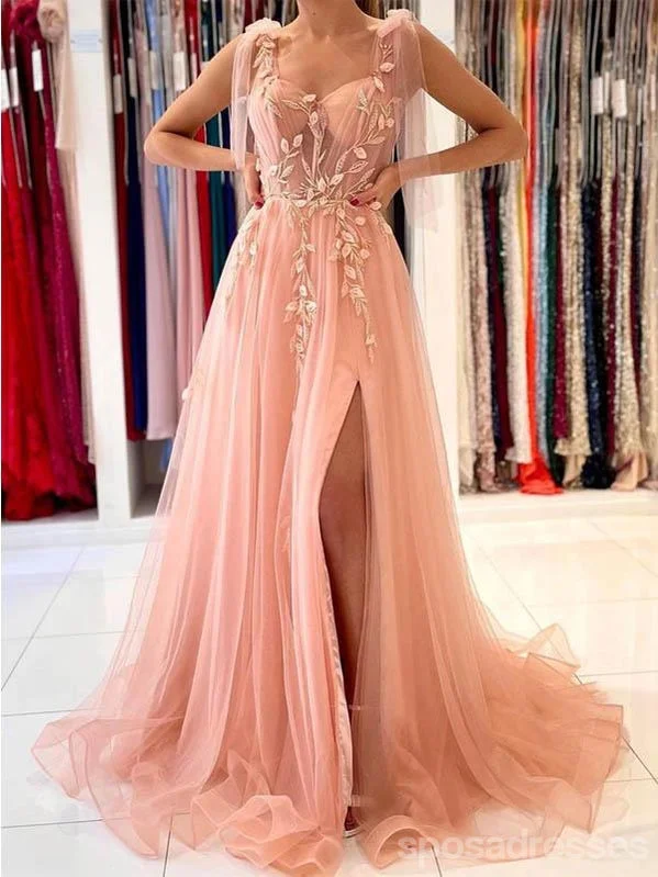 Evening dress with modern design-Peach Pink A-line High Slit See Through Long Prom Dresses Online,Dance Dresses,12669