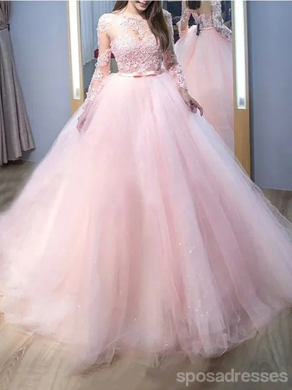 Evening dress with puff sleeves-Pink A-line Long Sleeves Jewel Cheap Long Prom Dresses,Evening Party Dresses,12829