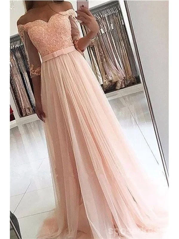 Evening dress with tulle overlay-Pink A-line Off Shoulder 3/4 Sleeves Cheap Prom Dresses Online, Evening Dresses,12657