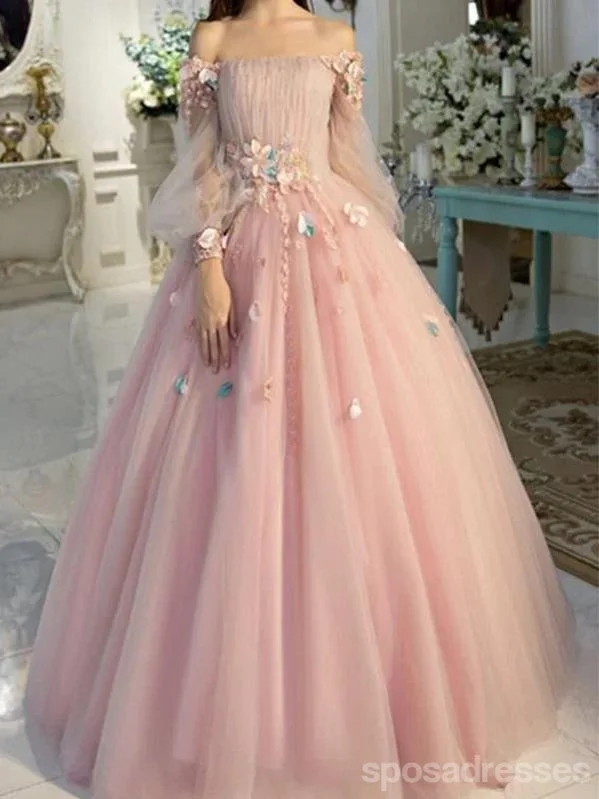 Evening dress with high-low hem-Pink A-line Off Shoulder Long Sleeves Floral Party Prom Dresses, Ball Gown Dresses,12531