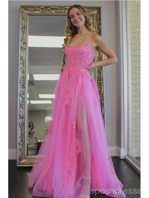 Evening dress with mermaid style-Pink A-line Spaghetti Straps High Slit Cheap Long Prom Dresses,12833