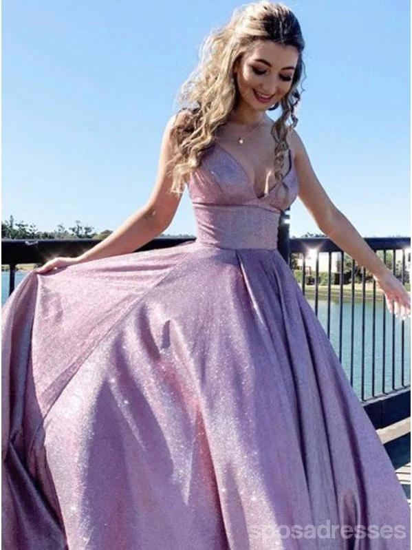 Bohemian evening dress-Pink A-line Spaghetti Straps V-neck Long Party Prom Dresses, Dance Dresses,12551