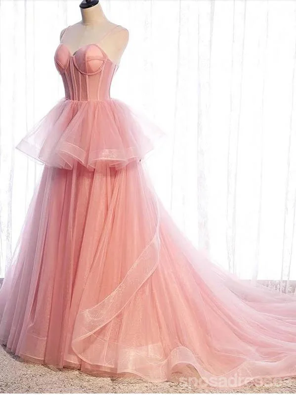 Evening dress with embroidery-Pink A-line Spaghetti Straps V-neck Long Prom Dresses Online, Dance Dresses,12684