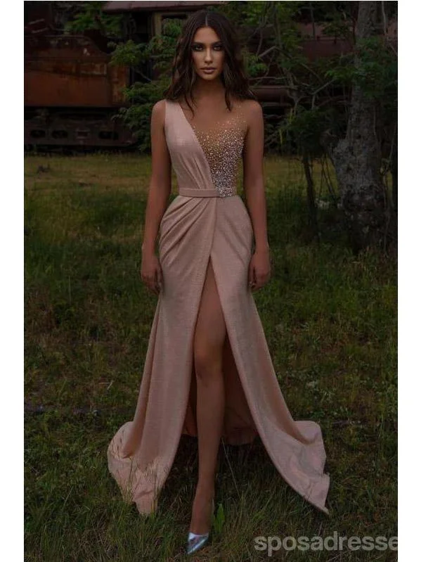 Evening dress with high-low hem-Pink A-line Straps High Slit Cheap Long Prom Dresses Online, Dance Dresses,12621