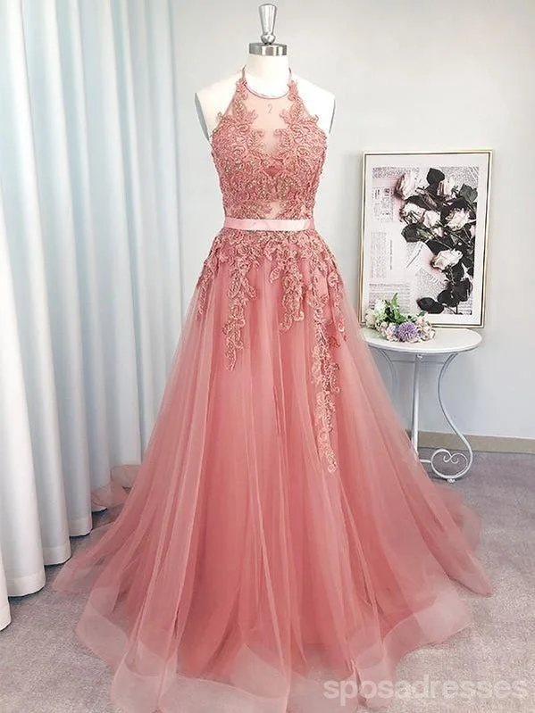 Evening dress with mermaid style-Pink Halter A-line Sleeveless Long Prom Dresses Online,Dance Dresses,12671