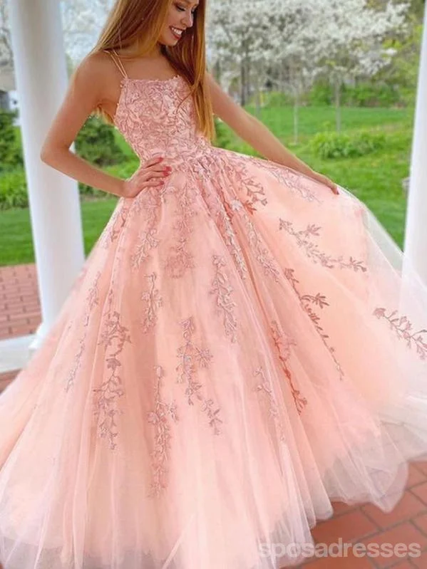 Green evening dress-Peach Lace A-line Spaghetti Straps Cheap Long Prom Dresses Online,12807