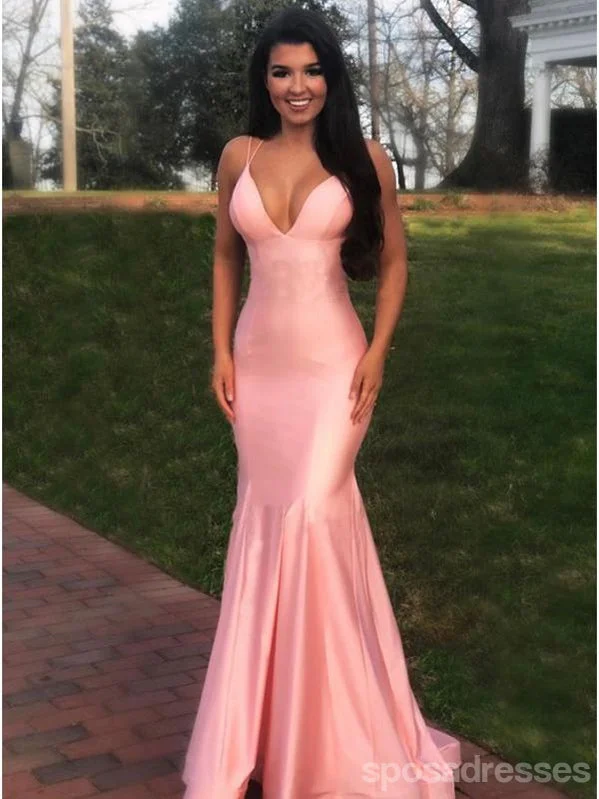 Evening dress with sheer panels-Pink Mermaid Spaghetti Straps V-neck Backless Long Prom Dresses Online,12604