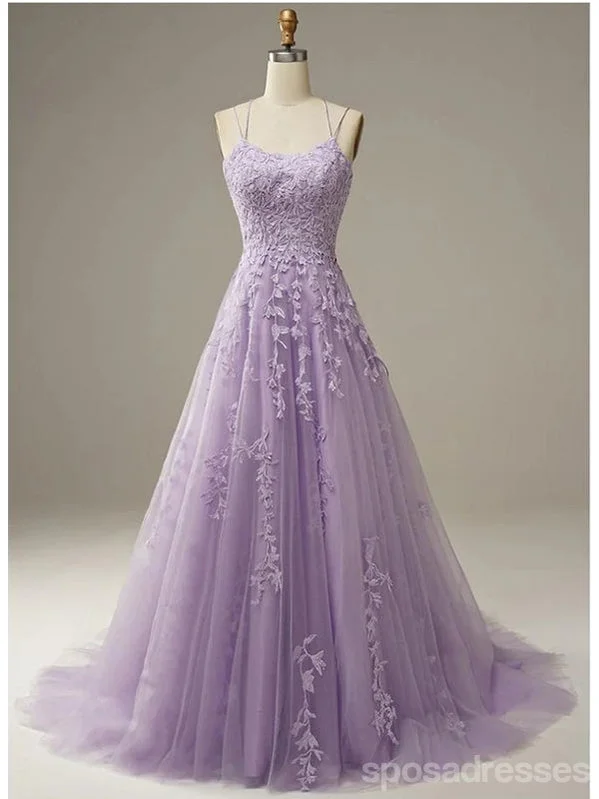 Evening dress with tulle-Purple A-line Spaghetti Straps Backless Cheap Long Prom Dresses Online,12813