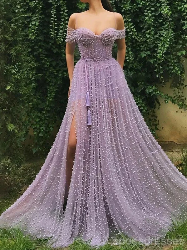 Evening dress with illusion neckline-Purple A-line Spaghetti Straps Off Shoulder High Slit Long Prom Dresses Online,12790