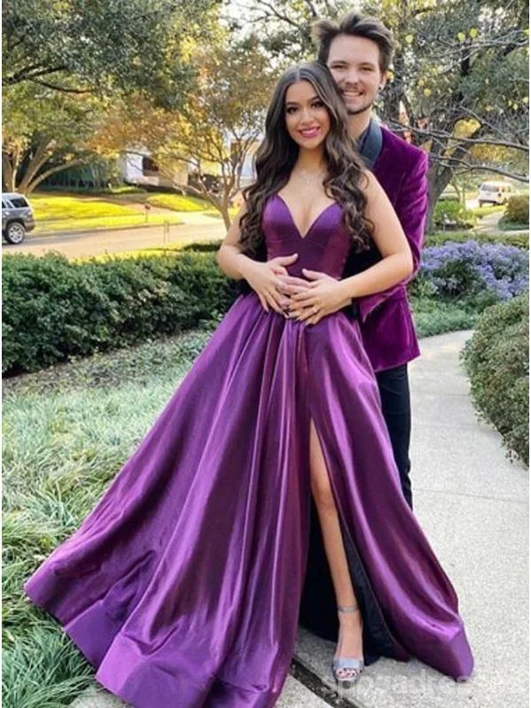 Elegant evening dress-Purple A-line Spaghetti Straps V-neck High Slit Long Party Prom Dresses,Cheap Prom Dresses,12548