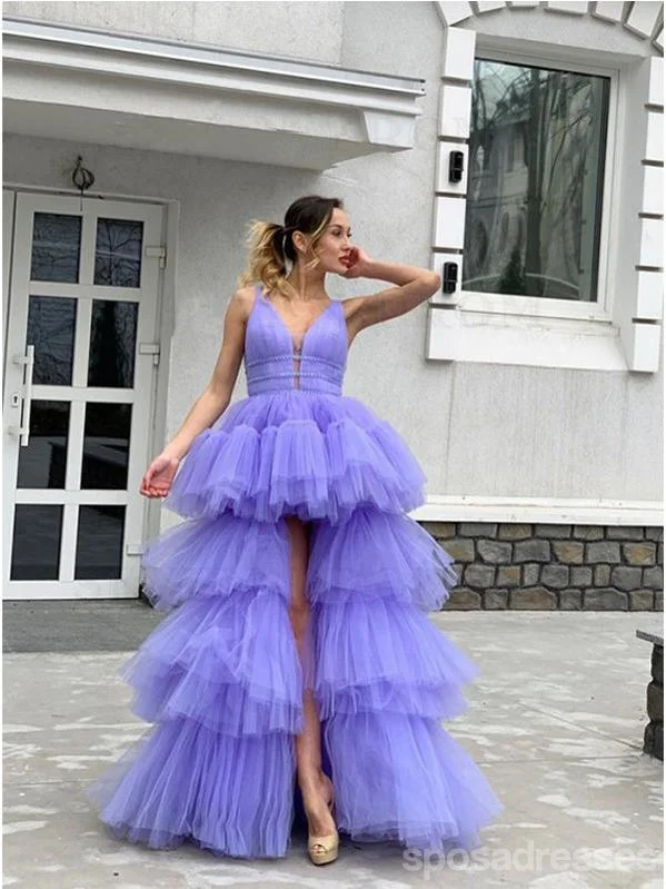 Evening dress with satin-Purple A-line Straps V-neck Long Prom Dresses Online, Dance Dresses,12606