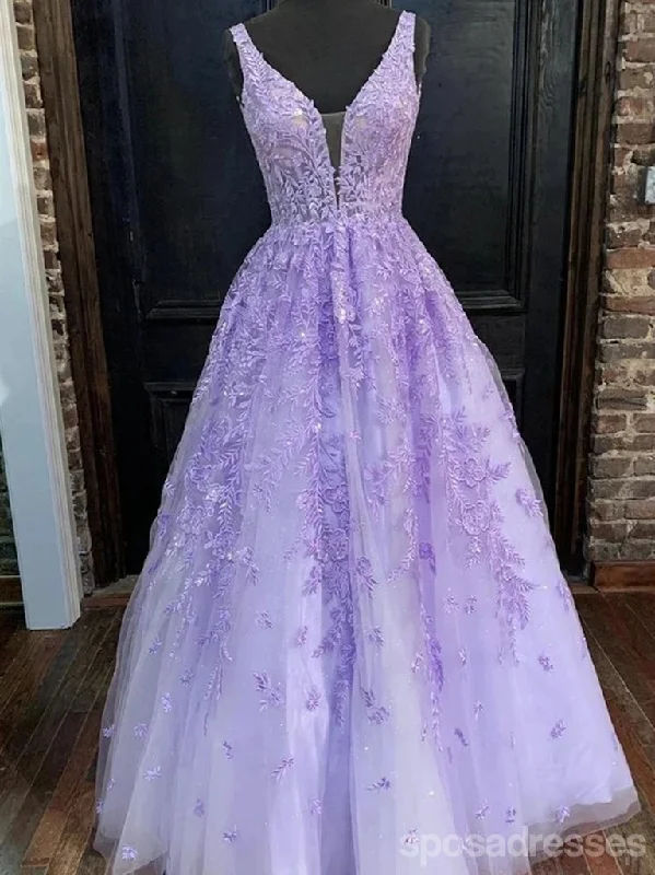 Evening dress with flared skirt-Purple A-line Straps V-neck See Through Cheap Long Prom Dresses Online,12681